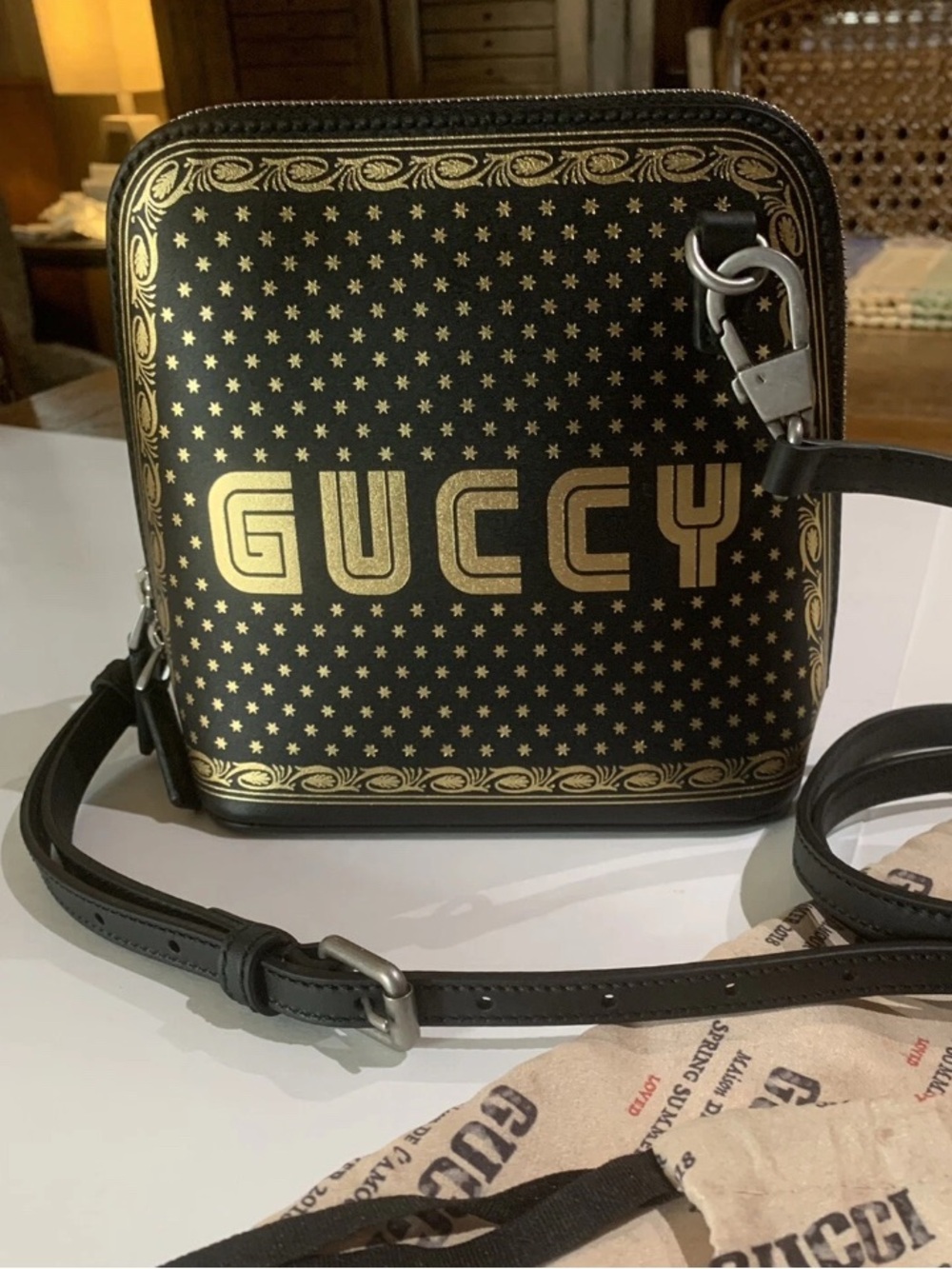 New Gucci “Guccy” Black Sega Script Dome Mini Crossbody Shoulder Bag MSRP $1790